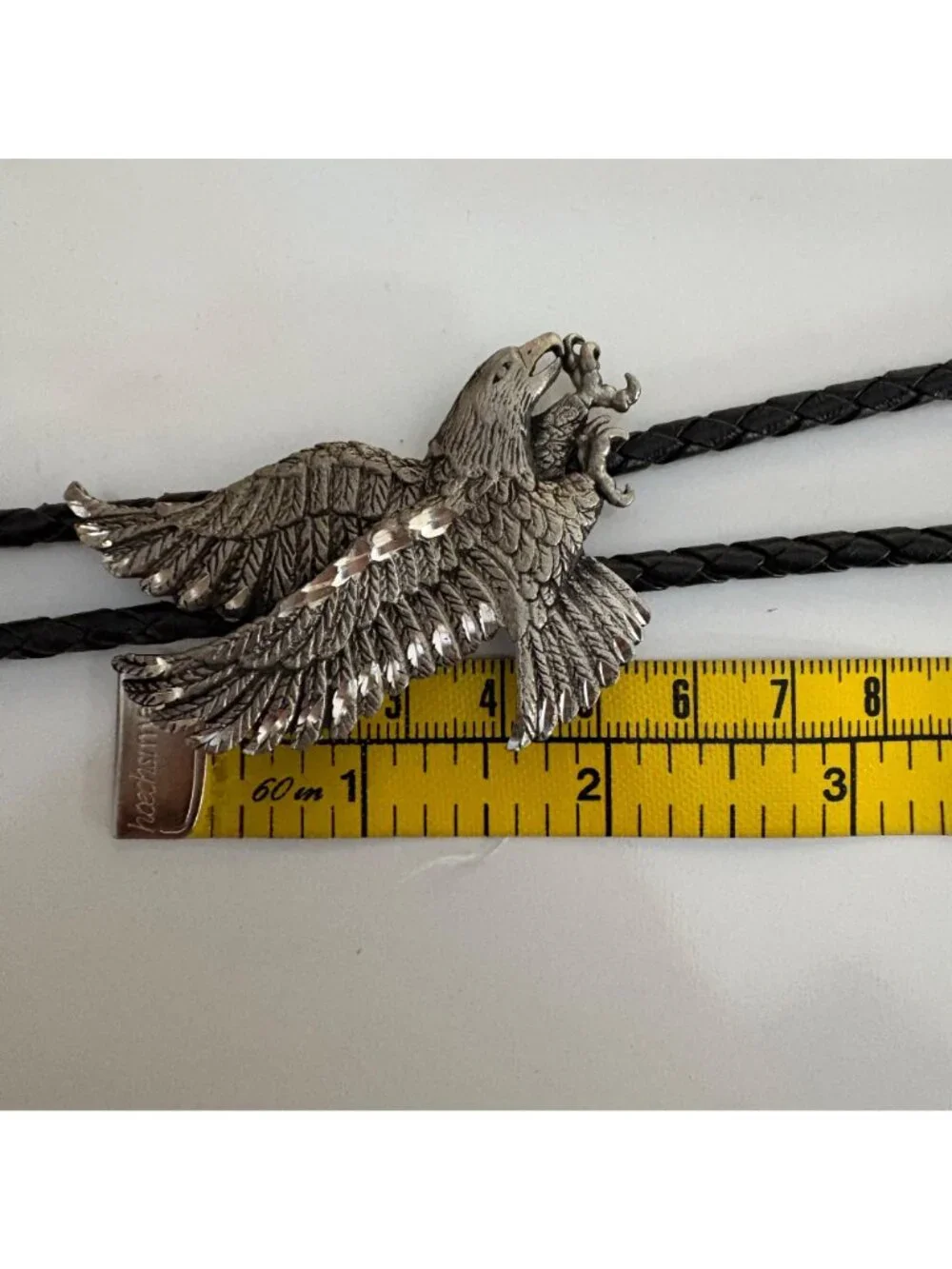 Vintage Mens Bolo Tie Pewter Eagle Pendant Braided Black Leather Cord EJC 1989